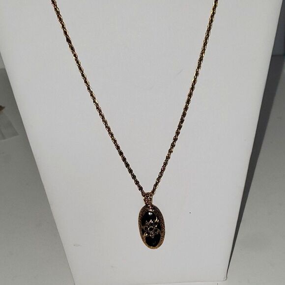 Antiqued Gold Tone Marcasite Flower Oval Pendant Braided Chain - Picture 1 of 10